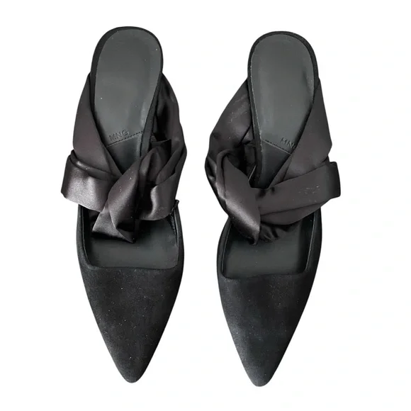 NWT Mango Classic Solid Black Genuine Leather Tied Down Knot Heeled Mules Shoes - Picture 1 of 8